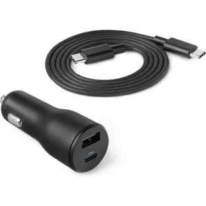 basics fast charging car charger 1 usbc 1 usb a 1 built in coiled cable usb c 60w black
