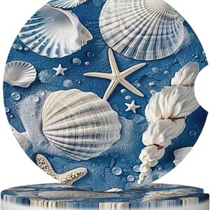 absorbent ceramic car coasters for cup holders, blue sea starfish shells design 2.56" anti slip universal drink cup coasters for women men (2 pack)