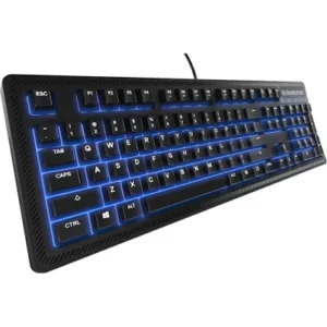 gaming keyboard tactile silent blue led backlit splash resistant media controls 100 keys